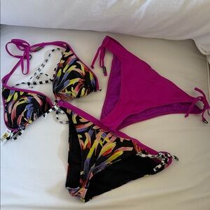 Lole Multicolor Bikini Top with Pink Accents with two bottoms
